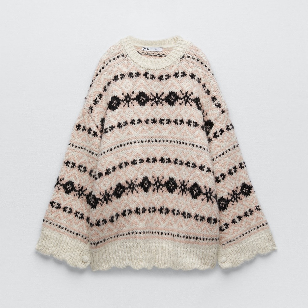 ZARA Jacquard Oversized Knit Sweater Tunic with Buttoned Side Slit XS S NEW